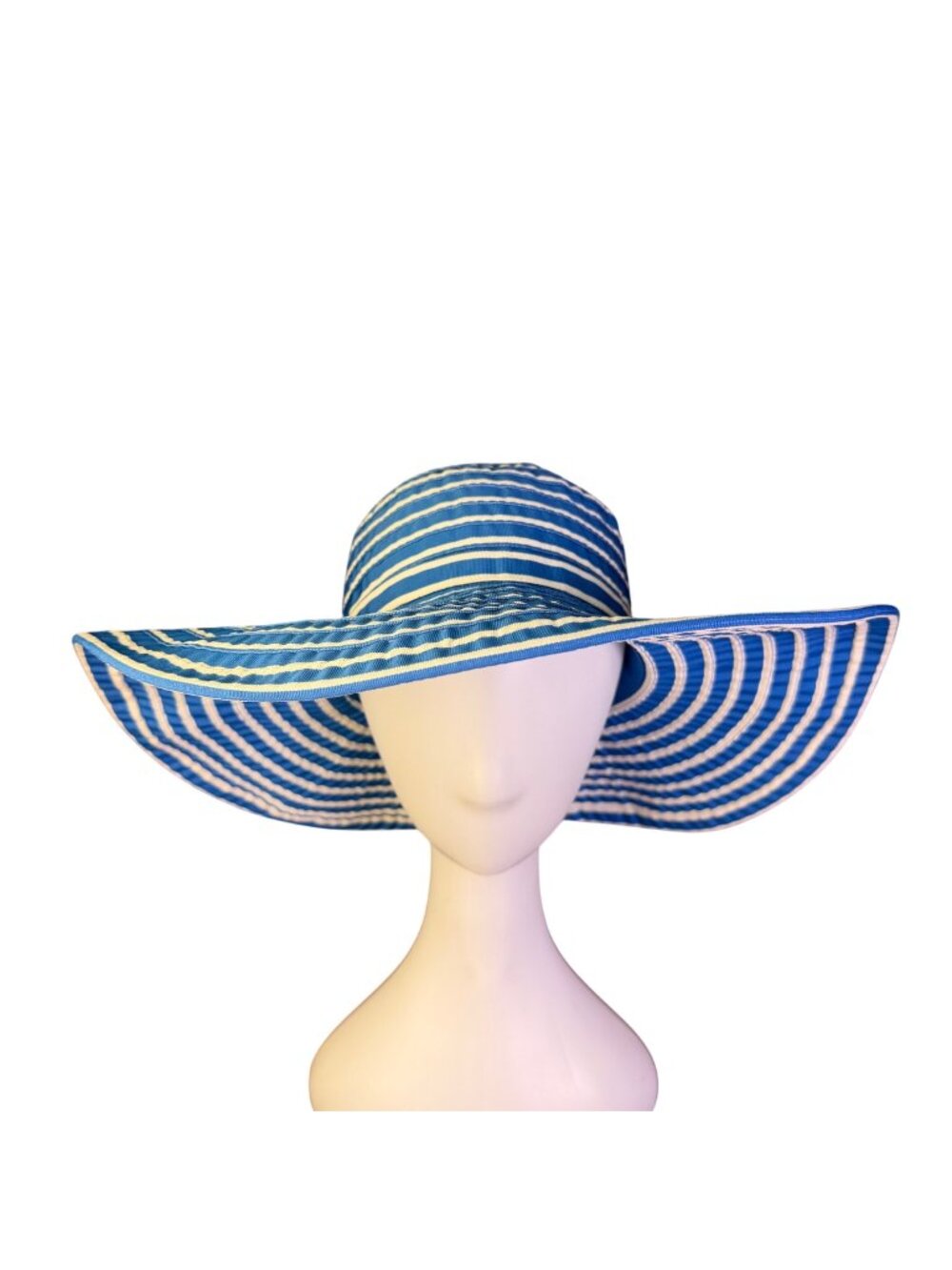 Kokin Womens Blue & White Striped Floppy Wide Brim Sun Hat Ribbon Tie